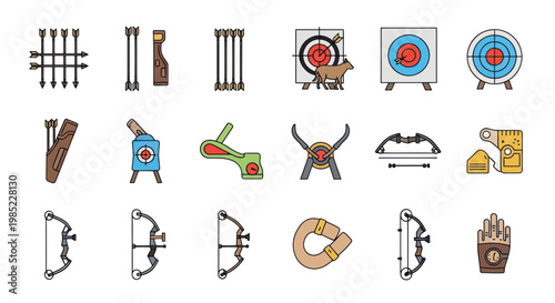 Archery Equipment Icons Set: Bows, Arrows, Targets, Quivers, Armguards