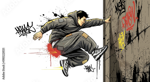 Urban athlete parkour jump action illustration, graffiti wall background