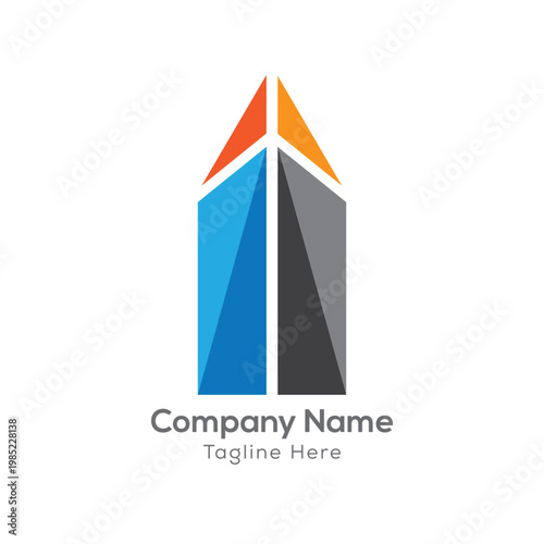 Abstract multi-colored building or arrow logo with blue grey orange elements