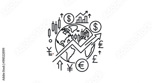Global Finance Growth: Earth, Charts, Currency Symbols, Stock Market Icons