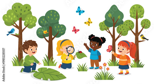 Four diverse children are happily exploring nature in a park, observing butterflies, ladybugs, and birds while using a magnifying glass.