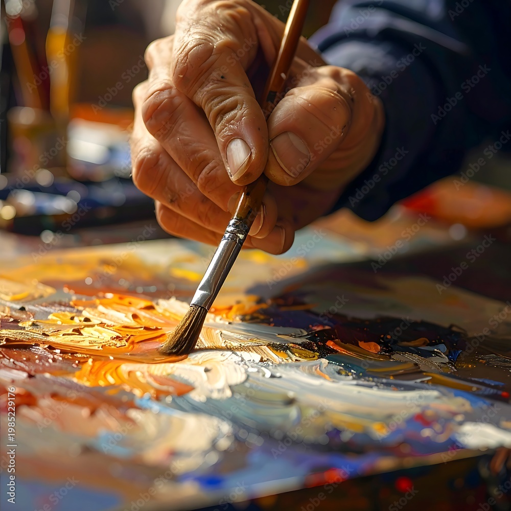 Obraz premium A person's hand holding a paintbrush applying color