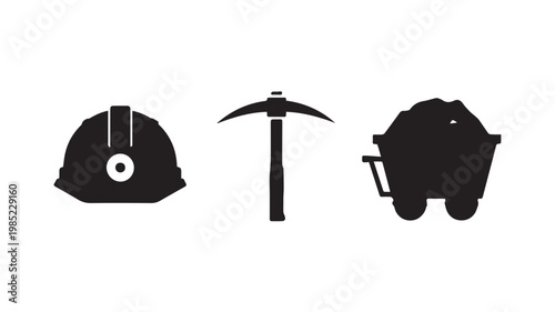 Mining tools and equipment silhouette set