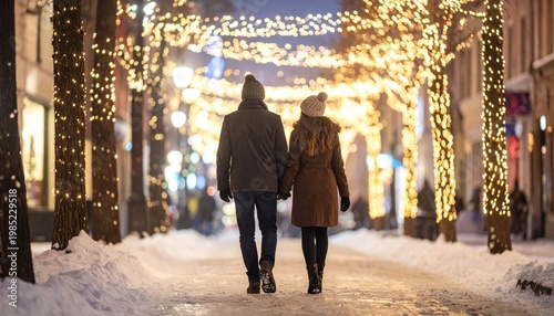 Couple walking hand in hand down a snow-covered street lined with festive holiday lights