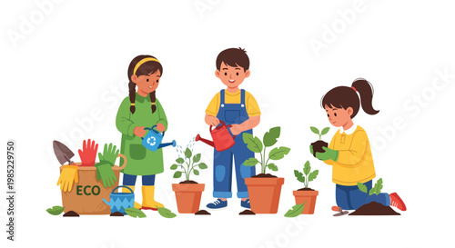 Three young children are happily gardening together, watering potted plants and transplanting seedlings using various eco-friendly tools.