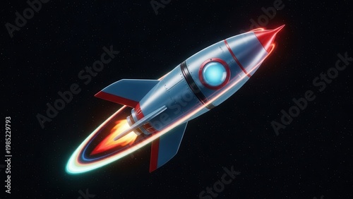 Vibrant Rocket Blasting Off Through Dark Cosmic Expanse with Luminous Trail