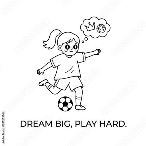Young girl kicking soccer ball with dreams of global stardom