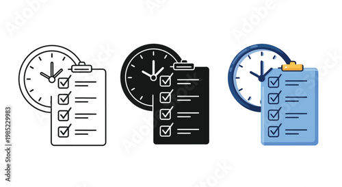 Vector illustration of a clock and checklist clipboard graphic representing effective time management, successful task completion, and efficient project scheduling for productivity design.