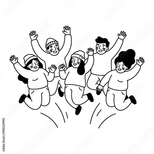 Group of excited soccer fans jumping and cheering together