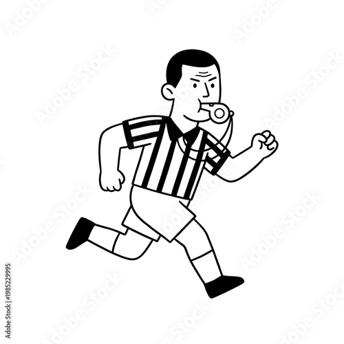 Black and white illustration of a soccer referee running with whistle