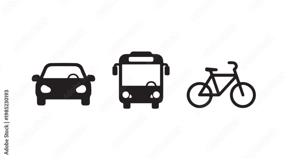 Naklejka premium Transportation icons of car, bus, and bicycle in black silhouette