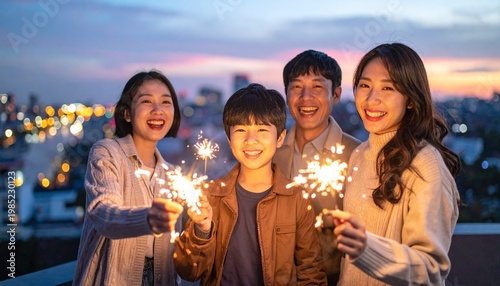 A joyful Asian family celebrating a special occasion with sparklers at dusk on a rooftop with city lights in the background