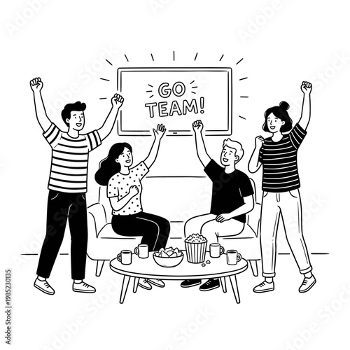 Four friends cheering 'Go Team!' while watching TV