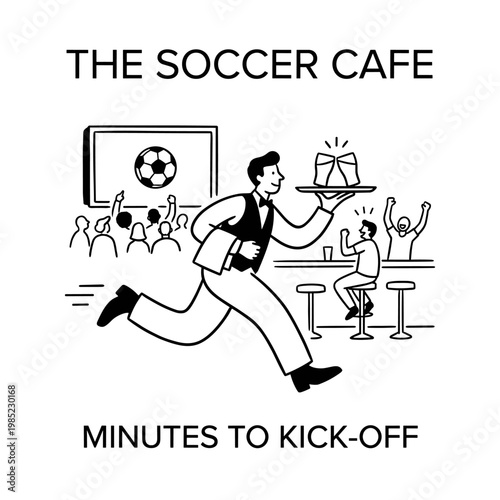 Waiter running with drinks at a busy soccer bar at kick-off