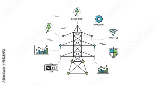 Electricity transmission tower with icons.