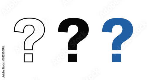 A versatile vector graphic illustration featuring three distinct question mark symbols in various styles, representing query, uncertainty, and seeking answers within visual design projects.
