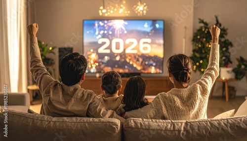 Family excitedly watches future new year 2026 celebrations with fireworks on television, anticipating joy and togetherness in their festive home