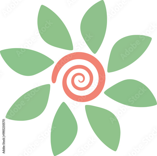 Abstract floral logo with spiral center and green leaves icon.