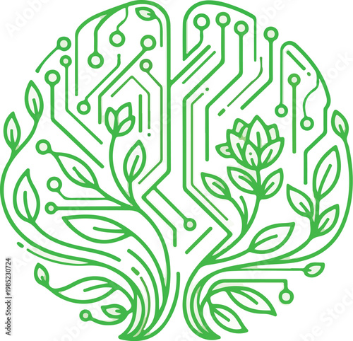 Abstract green brain icon with circuit board patterns and organic floral leaves.