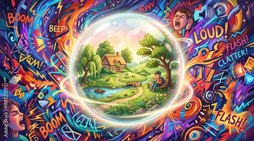 Safe bubble world illustration representing autism sensory comfort