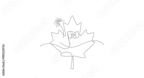 Single Line Drawing of Canadian Maple Leaf with Flag and Dandelion Seed Head