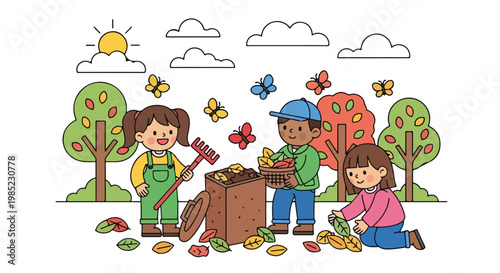 Three happy children work together outdoors to collect fallen autumn leaves into a brown compost bin under a sunny sky with colorful butterflies.