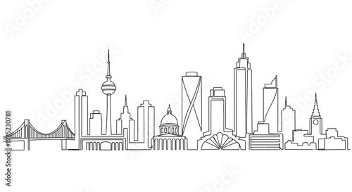 Cityscape Skyline Sketch - Modern Architecture and Bridge Silhouette
