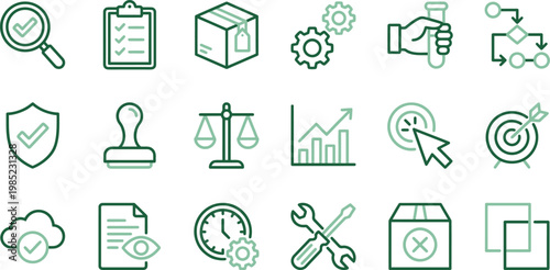 Collection of green business and technology icons on a white background for corporate and workflow concepts