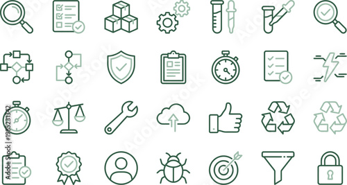 Various business and productivity icons for workflow, management, and efficiency, including security and quality control symbols.