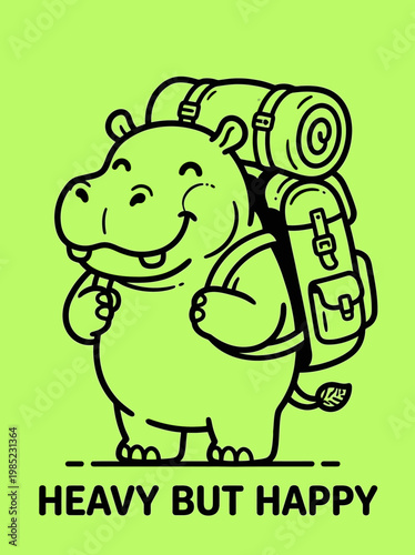 Cartoon Hippo With Backpack Smiling.