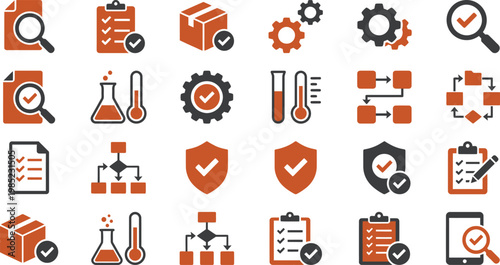Various business and industry icons with checkmarks and tools