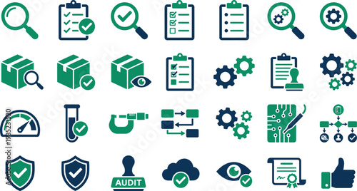 Collection of green and blue business and audit icons including checkmarks, gears, and shields on white background