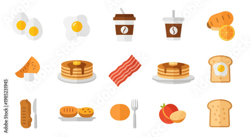 Breakfast Food Icons: Eggs, Pancakes, Bacon, Coffee, Toast, Fruit, Sausage