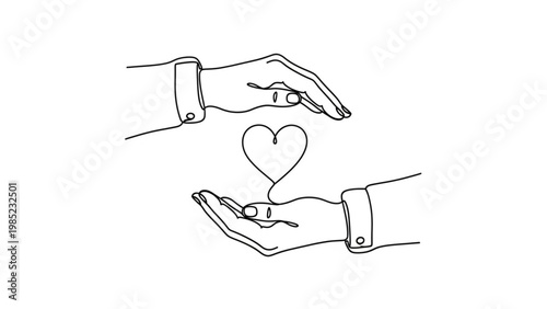 Simple one line art illustration showing hands cradling a heart, representing concepts of love, protection, support, and the essence of human connection and compassion