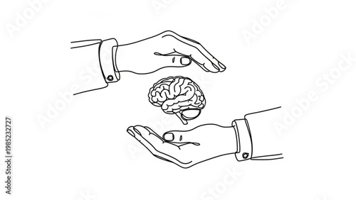 World Brain Day Line art illustration of two hands gently holding a human brain, symbolizing the crucial need for mental health awareness, intellectual protection, and thoughtful cognitive care
