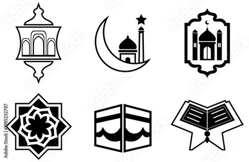 Islamic icon set with mosque with moon, Kaaba, Holy Quran, Mandala, Eid or islamic festival icon 