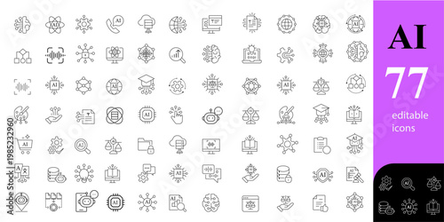 Modern artificial intelligence icon set with editable vector symbols for machine learning, neural network, data science, automation, robotics, deep learning, tech UI, minimal outline collection
