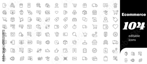 Modern e-commerce icon set with editable vector symbols for online shopping, payment, delivery, cart, marketplace, mobile app, website UI, minimal flat outline design collection
