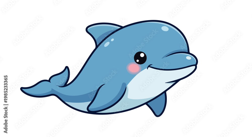 Obraz premium A cartoon-style blue dolphin with a cheerful expression swimming on a plain white background with a playful mood.