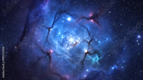 Vibrant blue cosmic nebula filled with radiant gas pillars and distant stars