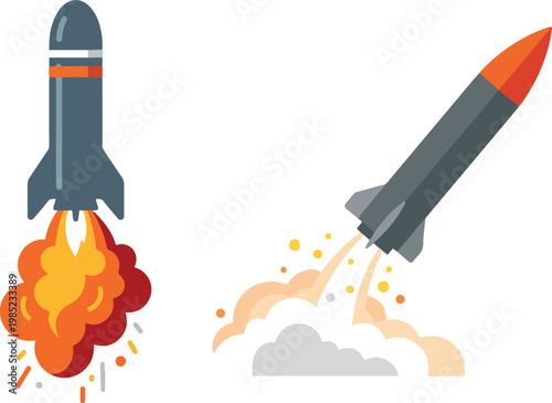 Flat vector illustration of rockets launching with flame and smoke trails, symbolizing space exploration, startup growth, and high-speed propulsion.