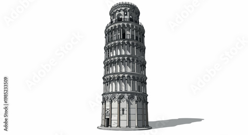 The Leaning Tower of Pisa stands alone on a white background with a shadow underneath.