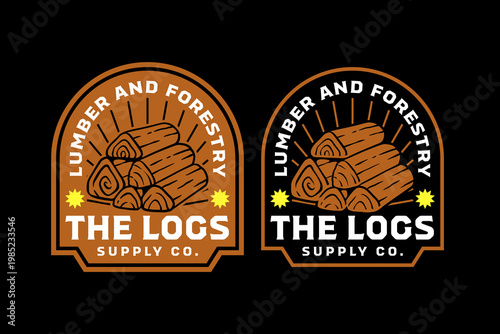 Stacked logs retro badge logo design set for forestry. Timber logs stack vintage patch illustration pack for lumber. Wood pile rustic emblem element for woodworking. Firewood cut logs sticker design