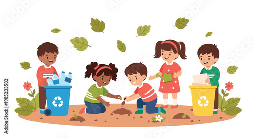 A group of diverse children are actively engaged in eco-friendly activities like recycling and planting to help save the environment.