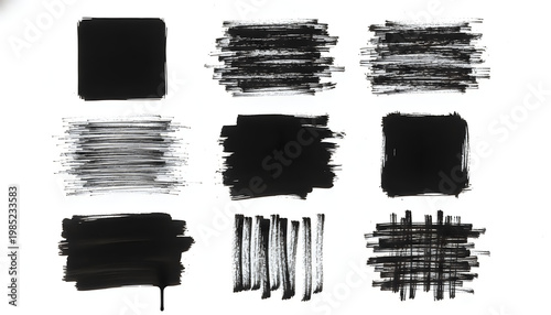 Collection of black marker brush strokes and shapes on a white background