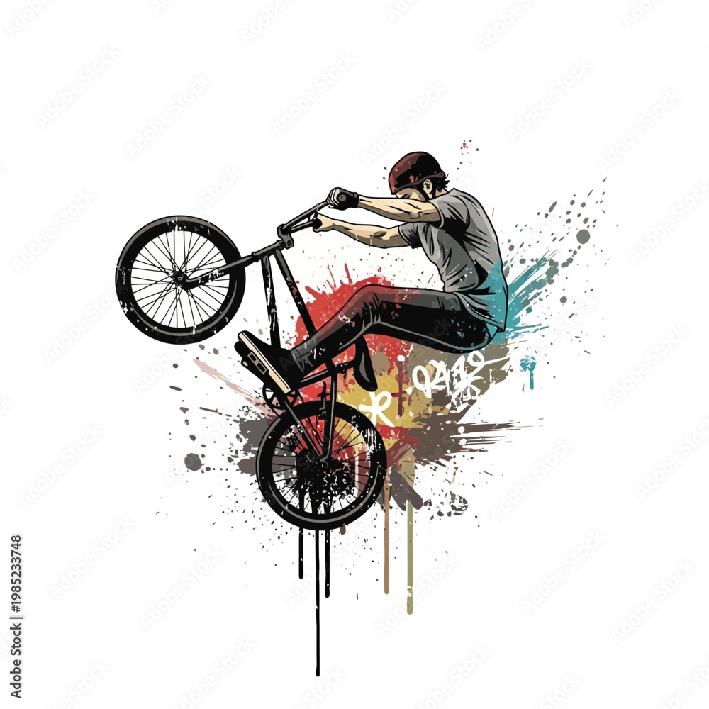 Fototapeta premium BMX rider performing a stunt with paint splashes effect