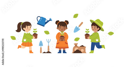 Three diverse children happily participate in gardening activities, carrying potted plants amidst floating leaves and various garden tools.