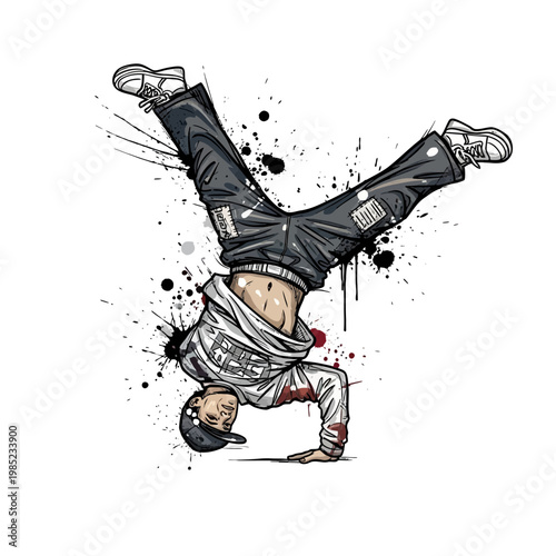 Breakdancer performing handstand with paint splatters