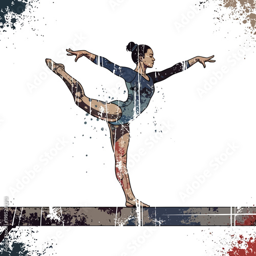 Female gymnast balancing on beam, artistic illustration, dynamic pose, grunge style