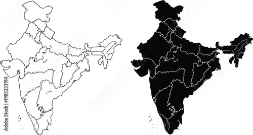 India map illustration two versions sketch and solid black silhouette